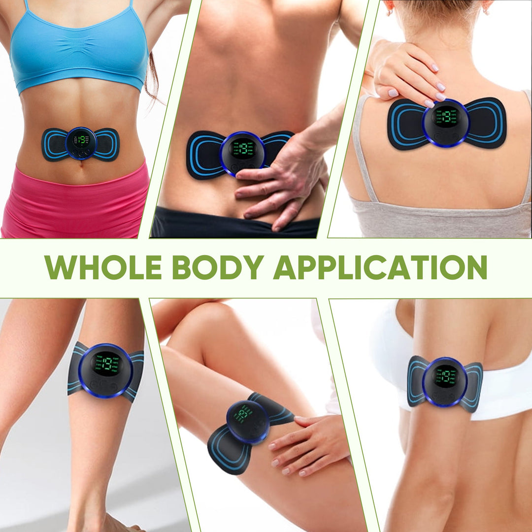 "TENS full body pain relief massager device with electrode patches, offers customizable intensity for muscle relaxation."