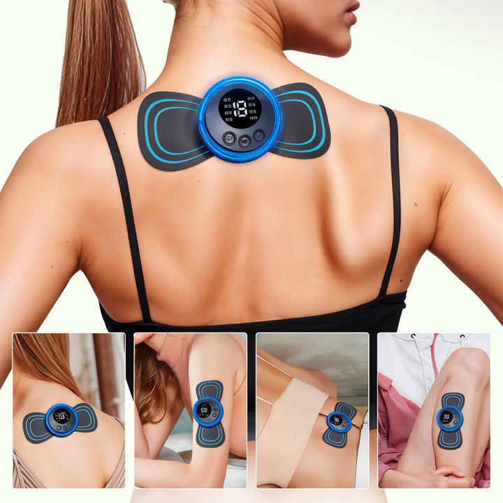 "TENS full body pain relief massager device with electrode patches, offers customizable intensity for muscle relaxation."
