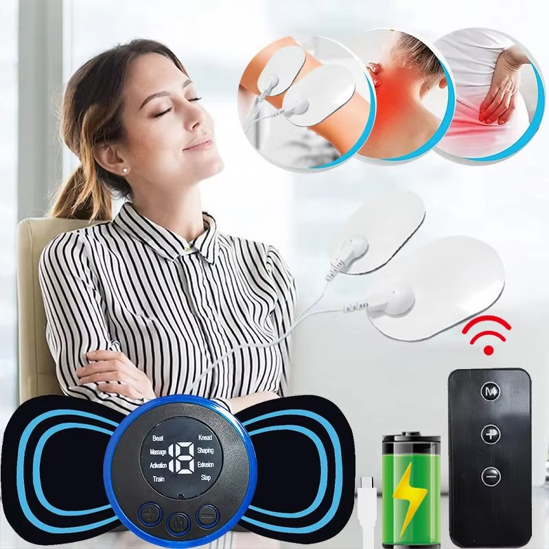 "TENS full body pain relief massager device with electrode patches, offers customizable intensity for muscle relaxation."