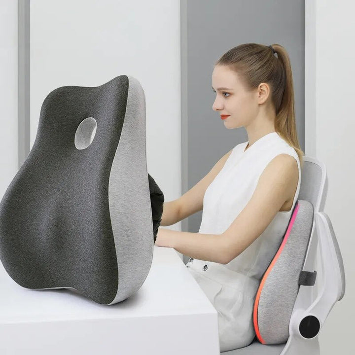 "Ultimate comfort lumbar pillow with memory foam providing ergonomic support for office chairs and car seats, promotes wellne
