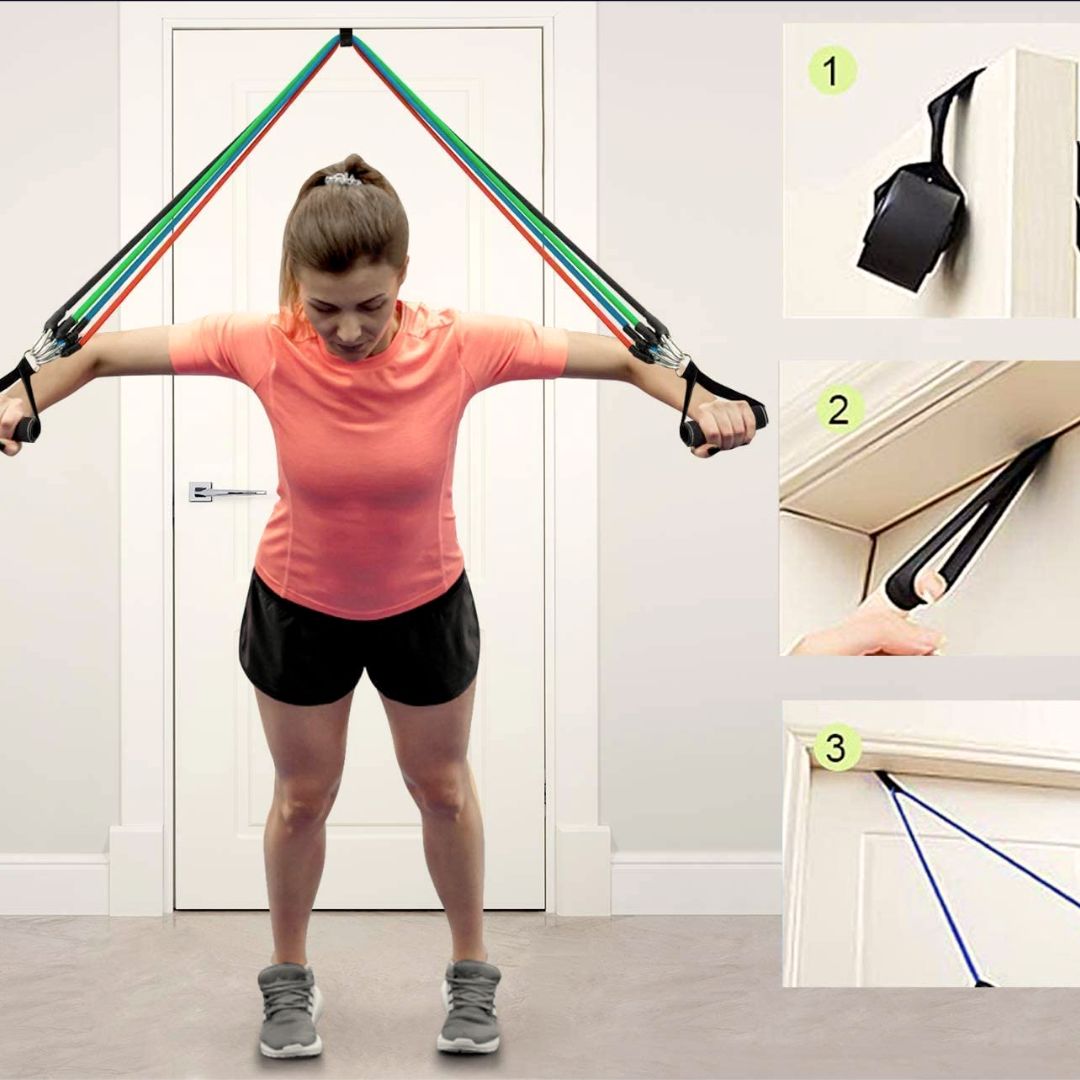 "Unisex 11-piece fitness resistance bands set with colorful bands, foam handles, and accessories for versatile home workouts.