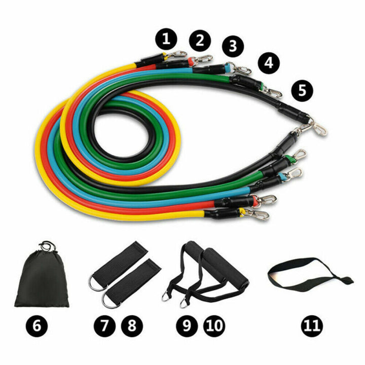"Unisex 11-piece fitness resistance bands set with colorful bands, foam handles, and accessories for versatile home workouts.