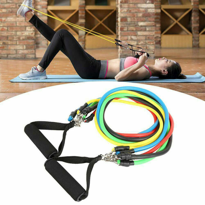 "Unisex 11-piece fitness resistance bands set with colorful bands, foam handles, and accessories for versatile home workouts.