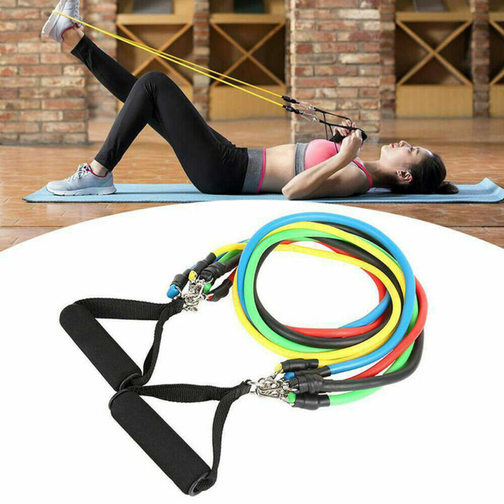 "Unisex 11-piece fitness resistance bands set with colorful bands, foam handles, and accessories for versatile home workouts.
