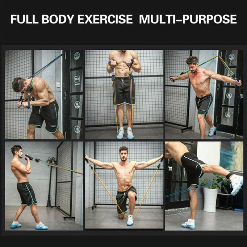 "Unisex 11-piece fitness resistance bands set with colorful bands, foam handles, and accessories for versatile home workouts.