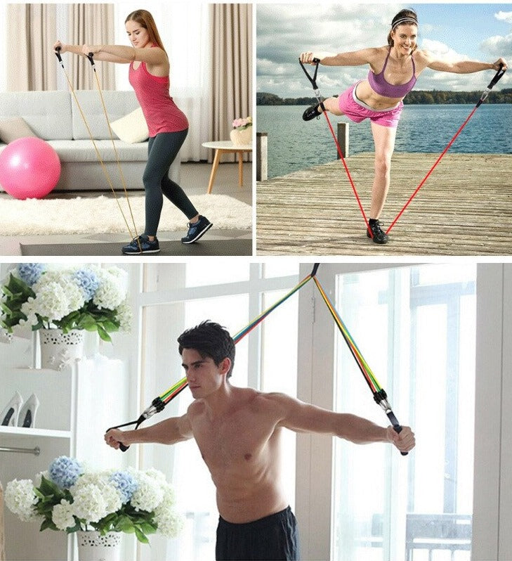 "Unisex 11-piece fitness resistance bands set with colorful bands, foam handles, and accessories for versatile home workouts.