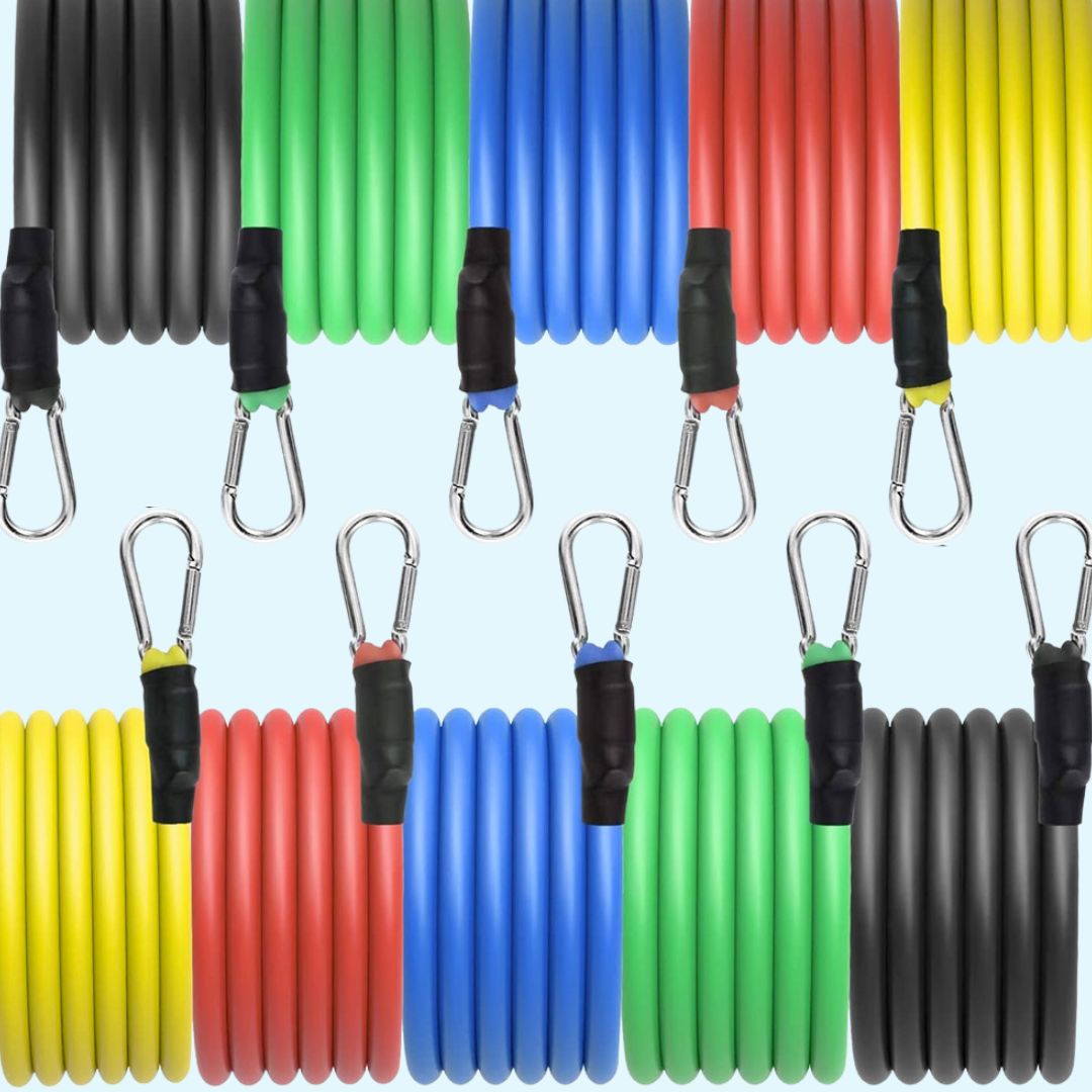 "Unisex 11-piece fitness resistance bands set with colorful bands, foam handles, and accessories for versatile home workouts.