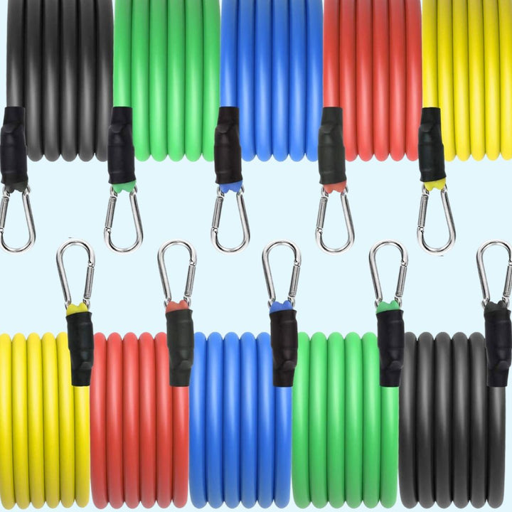 "Unisex 11-piece fitness resistance bands set with colorful bands, foam handles, and accessories for versatile home workouts.