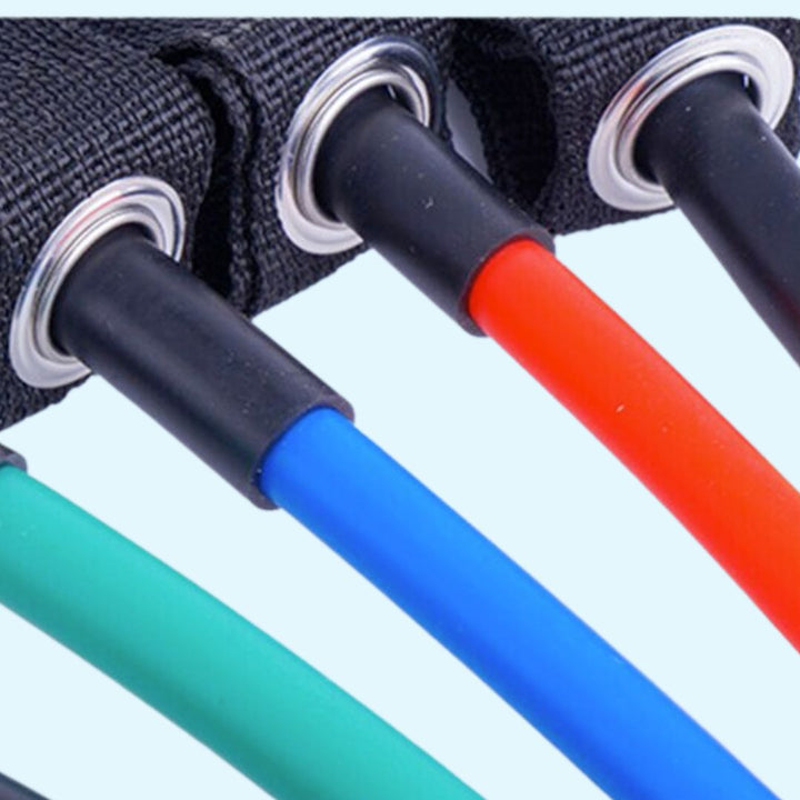 "Unisex 11-piece fitness resistance bands set with colorful bands, foam handles, and accessories for versatile home workouts.