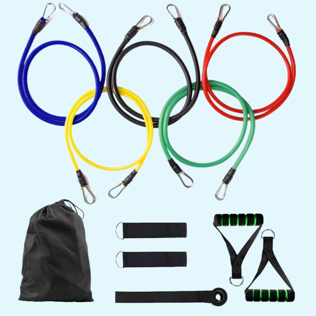 "Unisex 11-piece fitness resistance bands set with colorful bands, foam handles, and accessories for versatile home workouts.