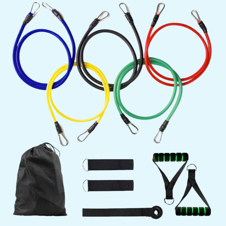 "Unisex 11-piece fitness resistance bands set with colorful bands, foam handles, and accessories for versatile home workouts.