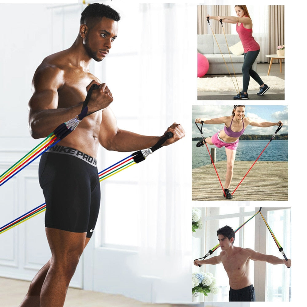 "Unisex 11-piece fitness resistance bands set with colorful bands, foam handles, and accessories for versatile home workouts.