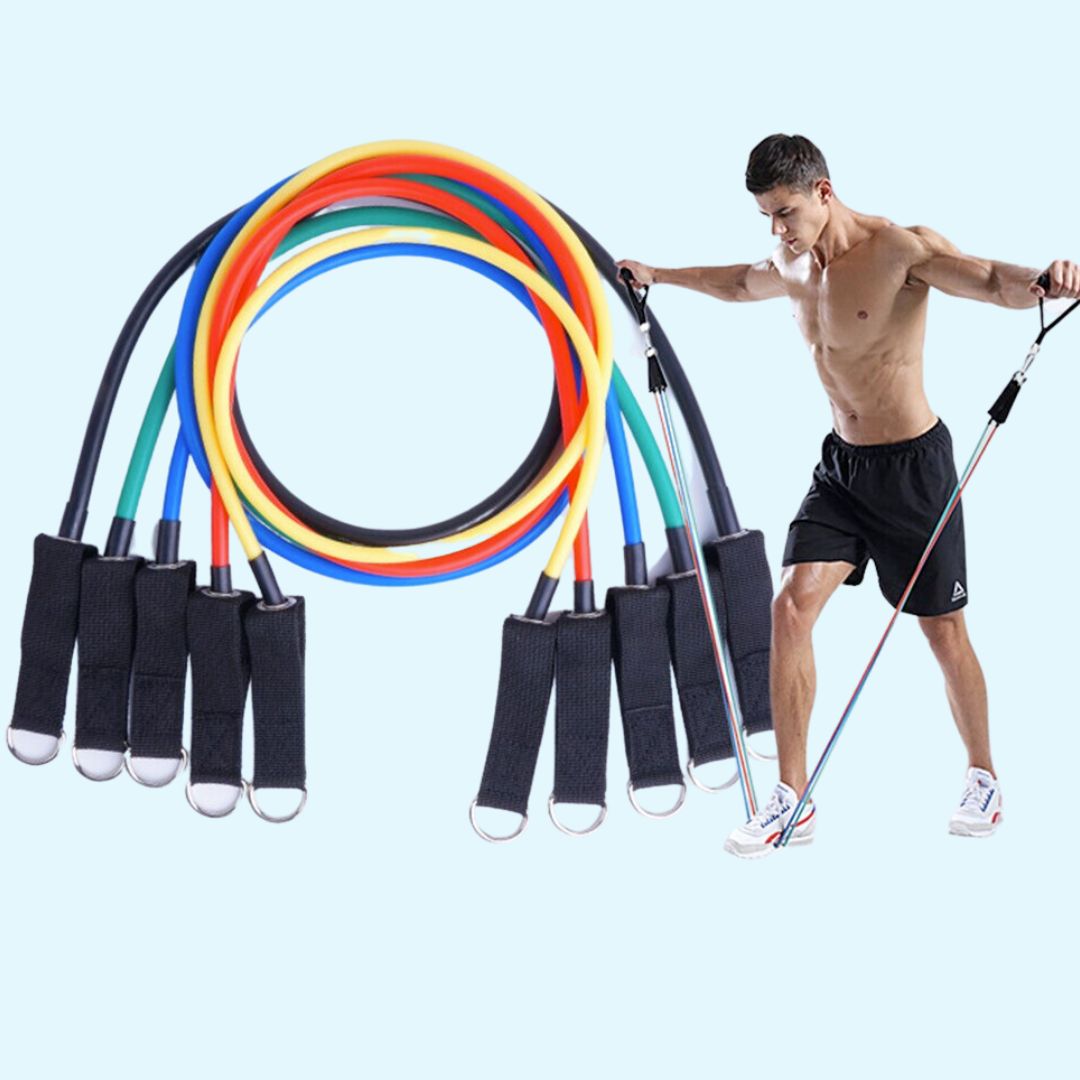 "Unisex 11-piece fitness resistance bands set with colorful bands, foam handles, and accessories for versatile home workouts.