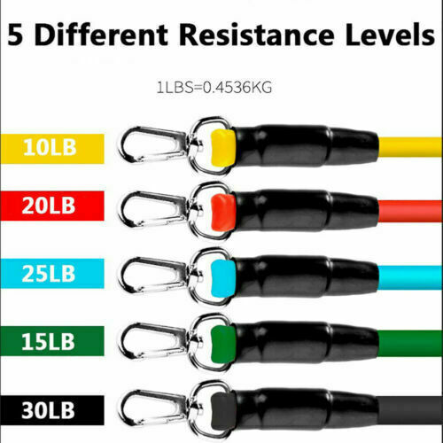 "Unisex 11-piece fitness resistance bands set with colorful bands, foam handles, and accessories for versatile home workouts.