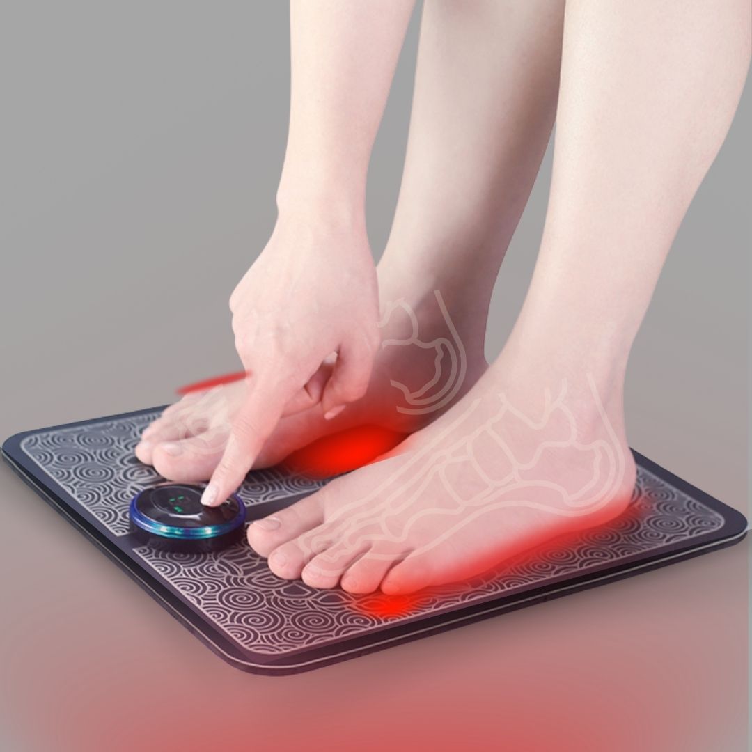 Unisex EMS foot massage mat for pain relief, black textured surface, portable and lightweight, promotes circulation and relax