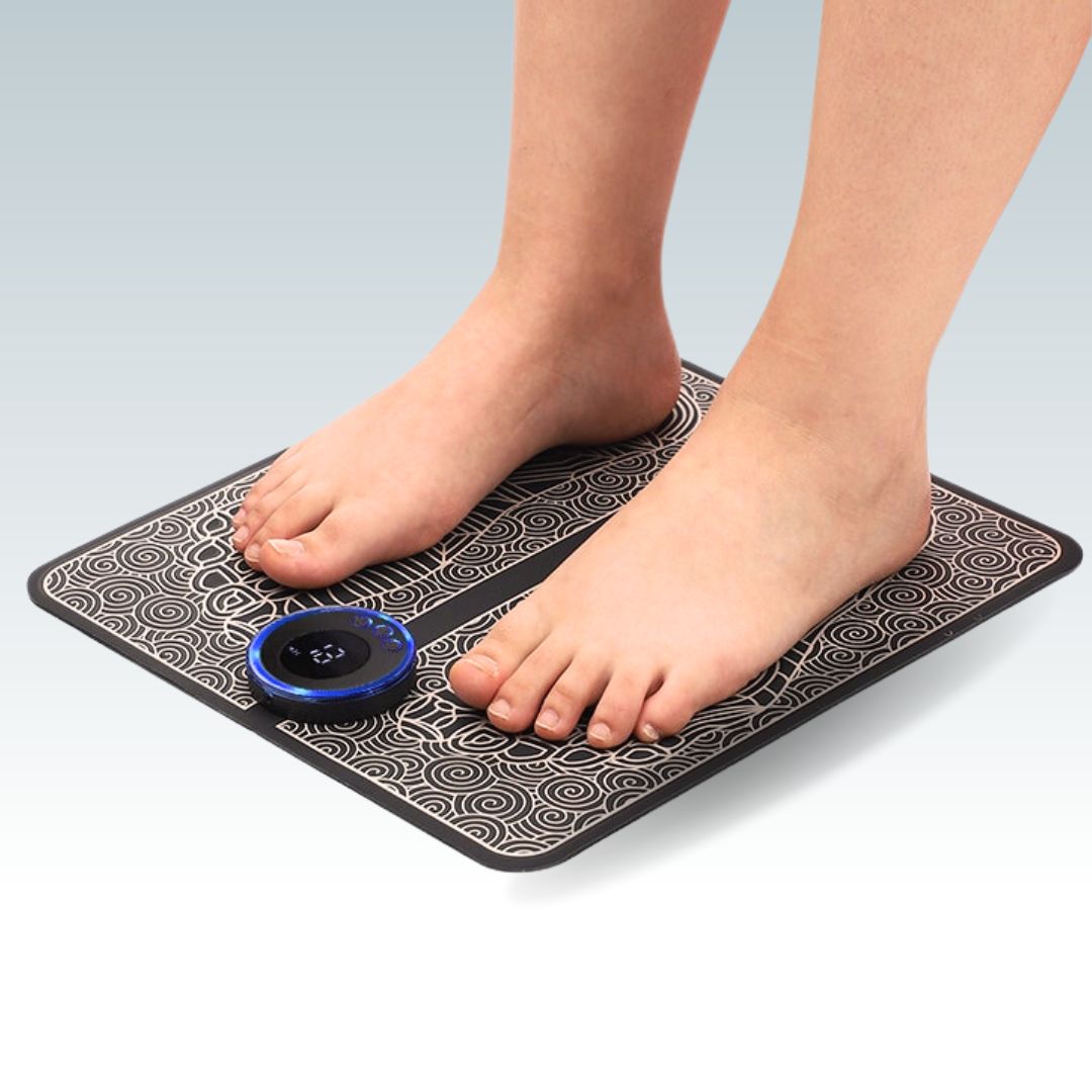 Unisex EMS foot massage mat for pain relief, black textured surface, portable and lightweight, promotes circulation and relax