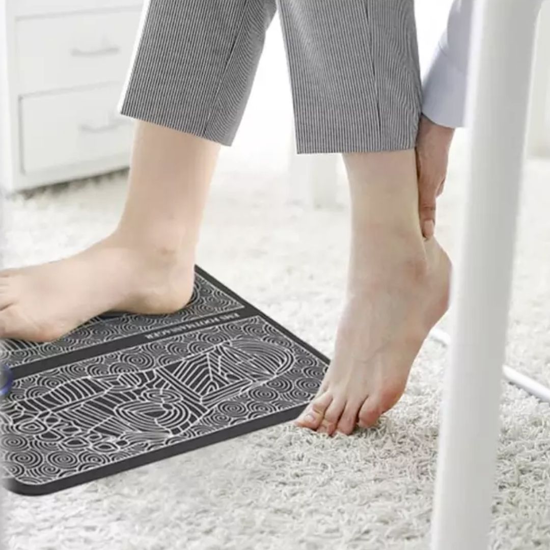 Unisex EMS foot massage mat for pain relief, black textured surface, portable and lightweight, promotes circulation and relax
