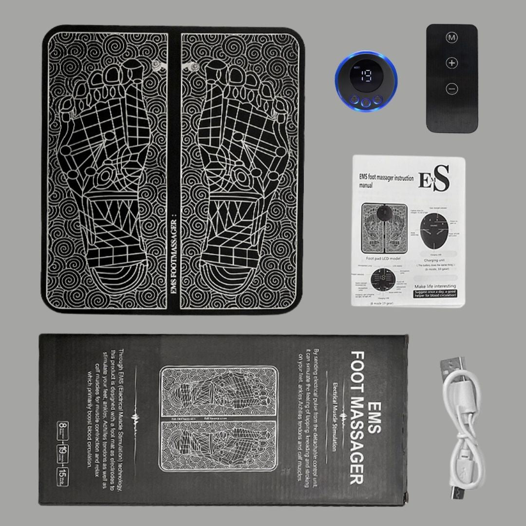 Unisex EMS foot massage mat for pain relief, black textured surface, portable and lightweight, promotes circulation and relax