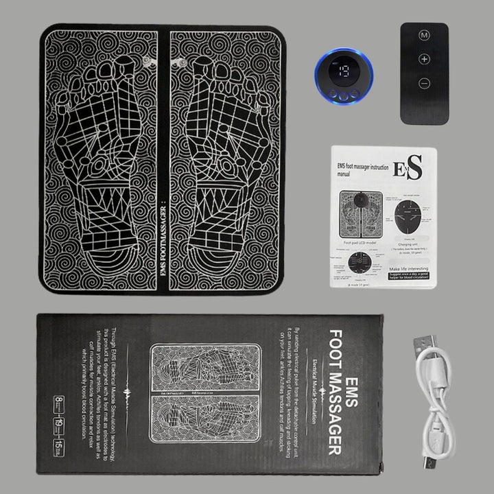 Unisex EMS foot massage mat for pain relief, black textured surface, portable and lightweight, promotes circulation and relax