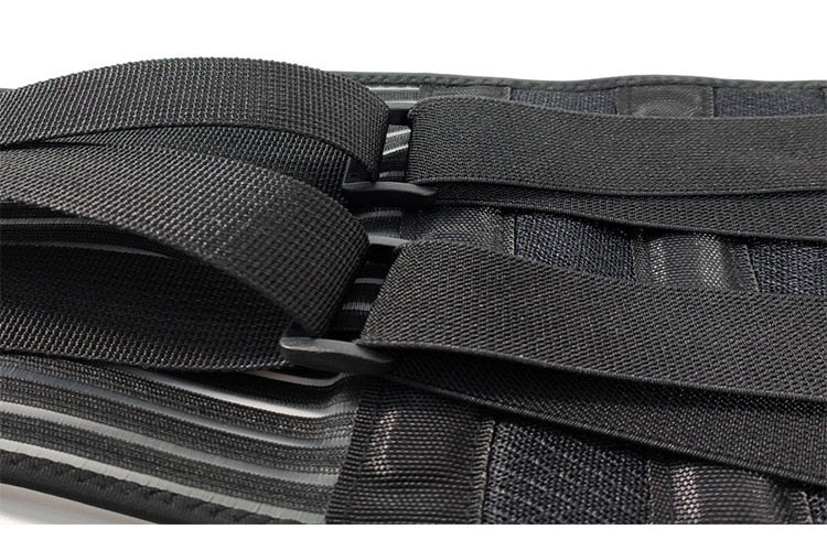 Unisex adjustable compression back support brace with elastic straps and breathable fabric for lower back pain relief and mob