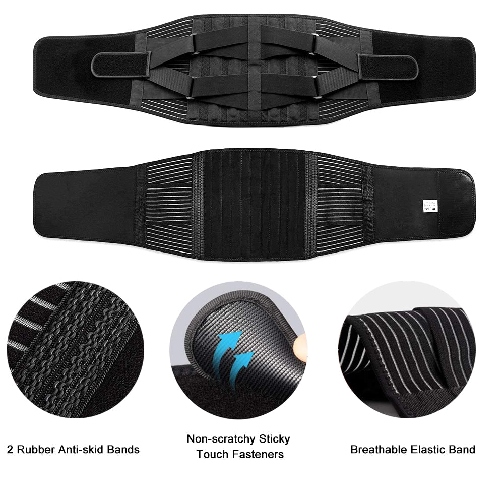 Unisex adjustable compression back support brace with elastic straps and breathable fabric for lower back pain relief and mob