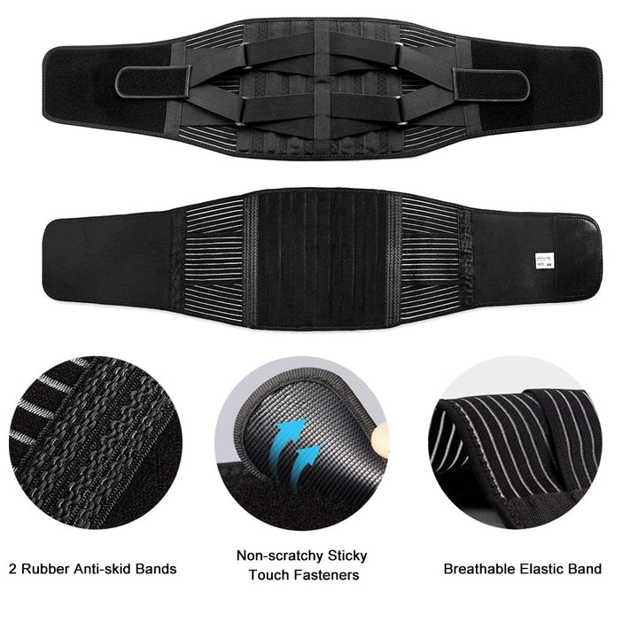 Unisex adjustable compression back support brace with elastic straps and breathable fabric for lower back pain relief and mob