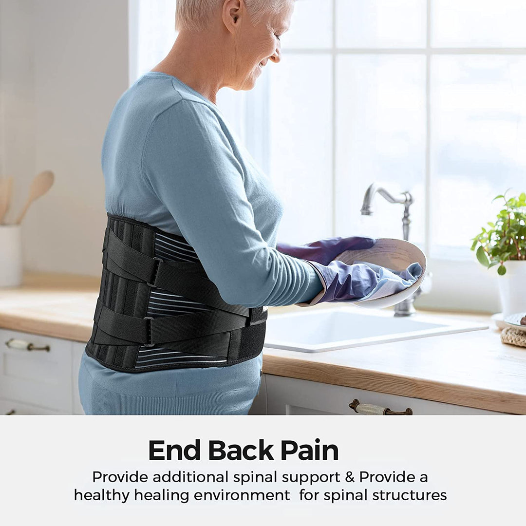 Unisex adjustable compression back support brace with elastic straps and breathable fabric for lower back pain relief and mob