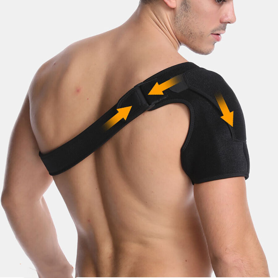 Unisex adjustable neoprene shoulder brace with breathable material, ergonomic design for pain relief and support.