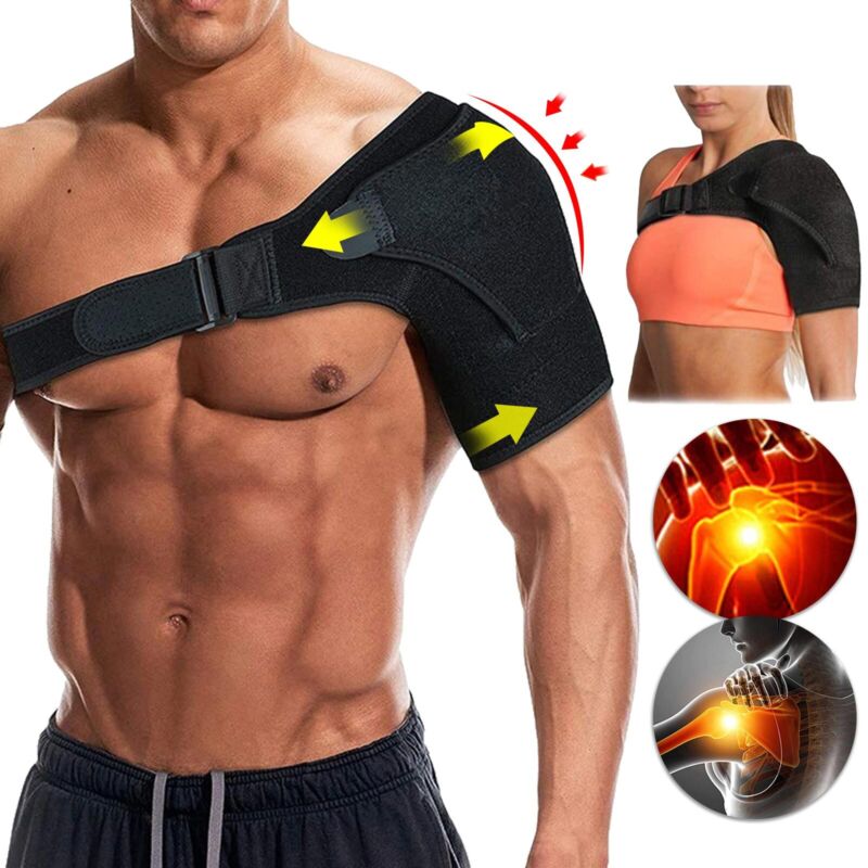 Unisex adjustable neoprene shoulder brace with breathable material, ergonomic design for pain relief and support.