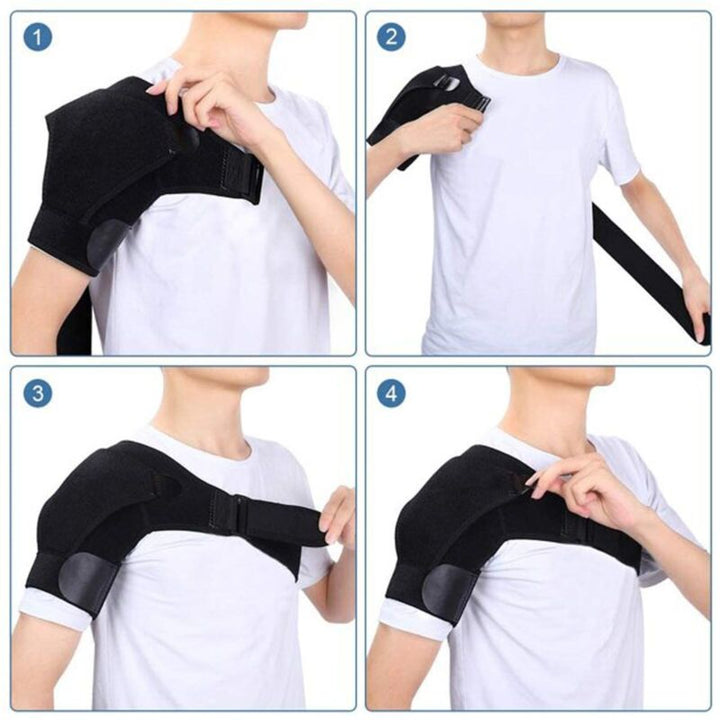 Unisex adjustable neoprene shoulder brace with breathable material, ergonomic design for pain relief and support.