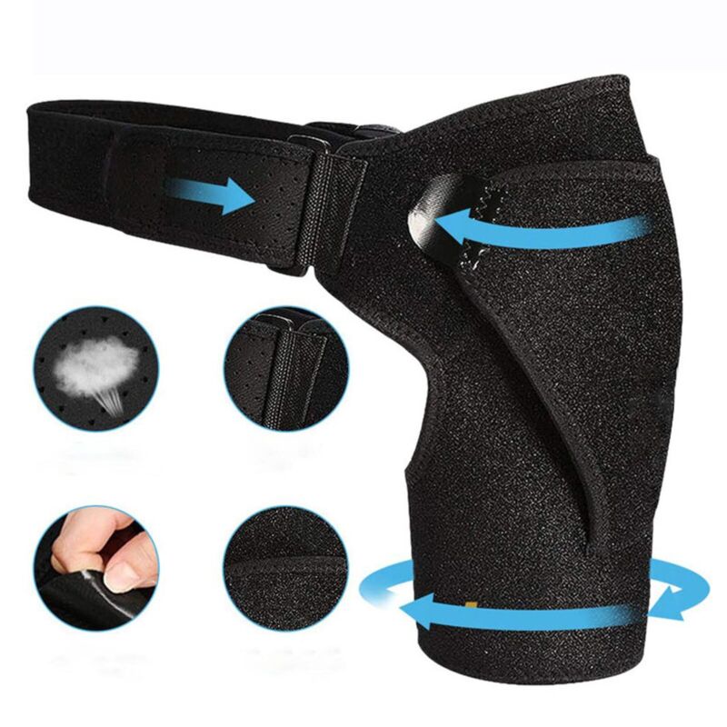 Unisex adjustable neoprene shoulder brace with breathable material, ergonomic design for pain relief and support.