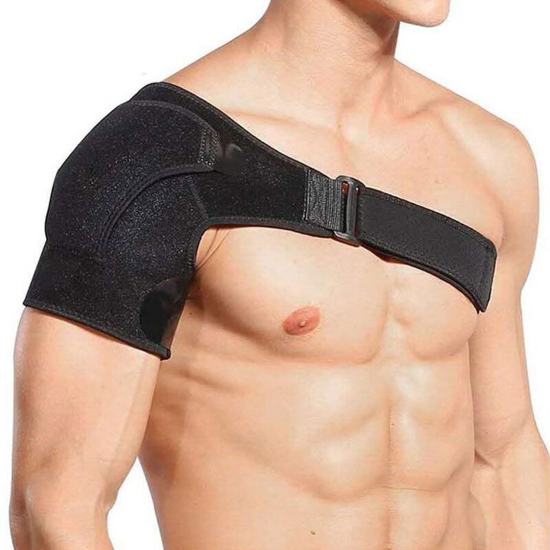 Unisex adjustable neoprene shoulder brace with breathable material, ergonomic design for pain relief and support.