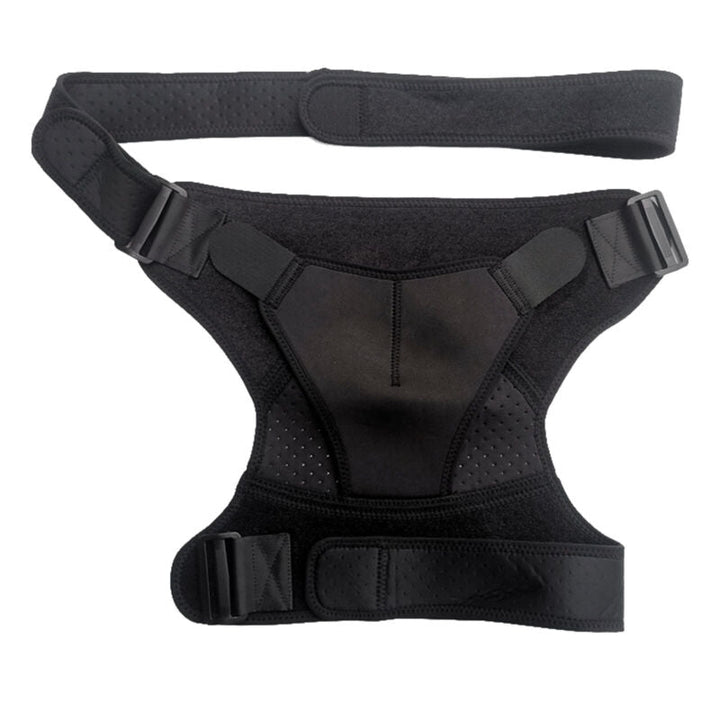 Unisex adjustable neoprene shoulder brace with breathable material, ergonomic design for pain relief and support.