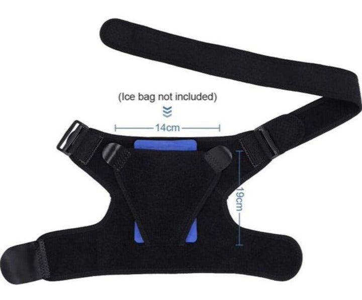 Unisex adjustable neoprene shoulder brace with breathable material, ergonomic design for pain relief and support.