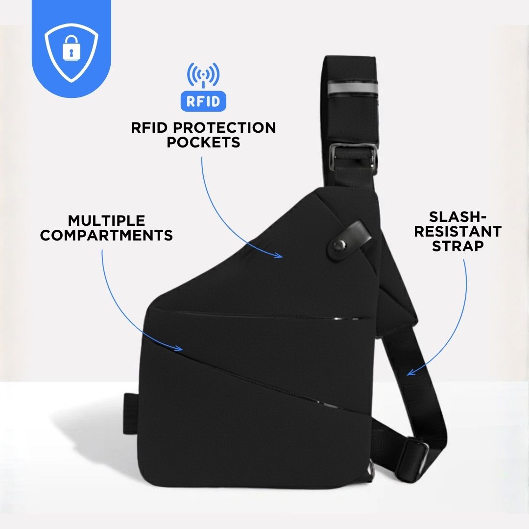 Unisex anti-theft RFID crossbody bag, multi-coloured, featuring sleek design, hidden pockets, and slash-resistant strap.
