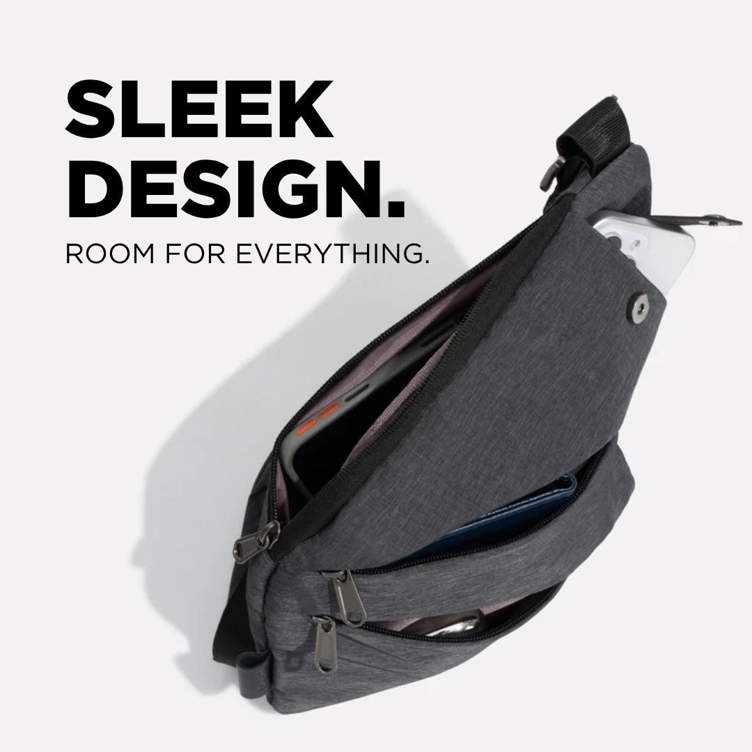 Unisex anti-theft RFID crossbody bag, multi-coloured, featuring sleek design, hidden pockets, and slash-resistant strap.