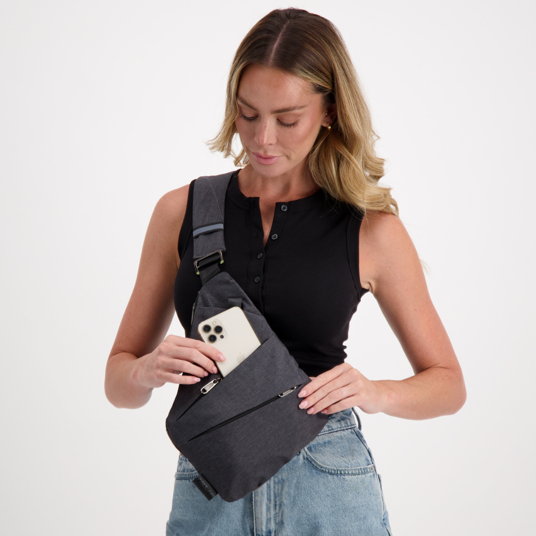 Unisex anti-theft RFID crossbody bag, multi-coloured, featuring sleek design, hidden pockets, and slash-resistant strap.