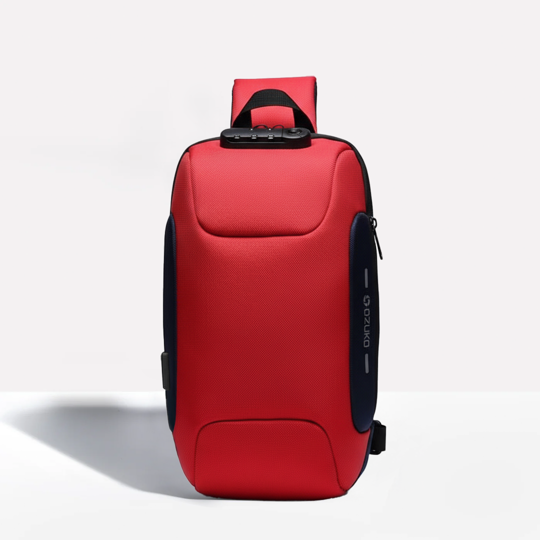 "Unisex anti-theft crossbody bag with USB charging, slash-proof strap, lockable compartment, and hardshell exterior in black.