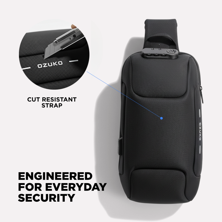 "Unisex anti-theft crossbody bag with USB charging, slash-proof strap, lockable compartment, and hardshell exterior in black.