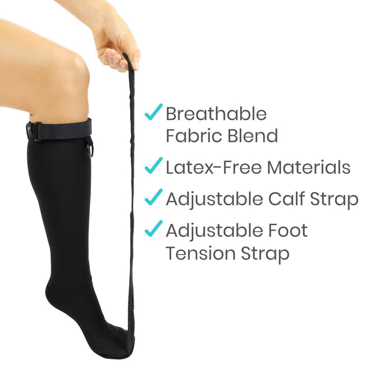 "Unisex black night splint sock for plantar fasciitis, adjustable straps, breathable fabric, health & wellness support"