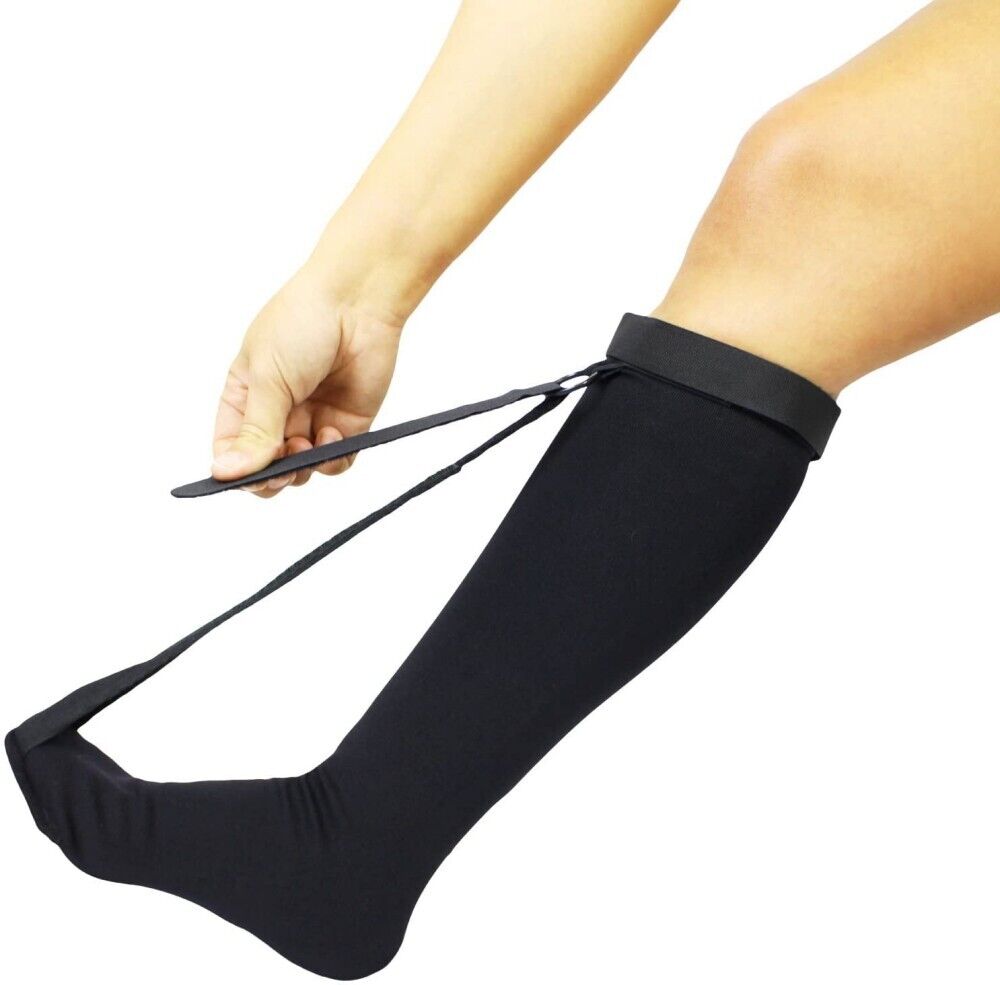 "Unisex black night splint sock for plantar fasciitis, adjustable straps, breathable fabric, health & wellness support"