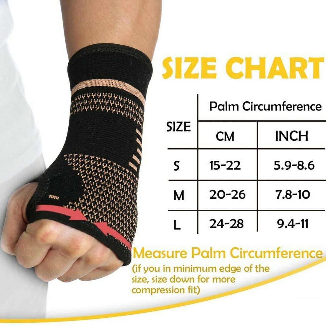Unisex copper wrist and hand compression brace in sleek black, offering ergonomic support and pain relief for enhanced mobili