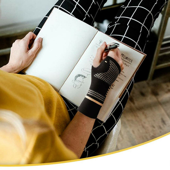 Unisex copper wrist and hand compression brace in sleek black, offering ergonomic support and pain relief for enhanced mobili