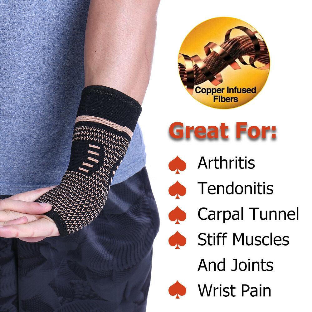 Unisex copper wrist and hand compression brace in sleek black, offering ergonomic support and pain relief for enhanced mobili