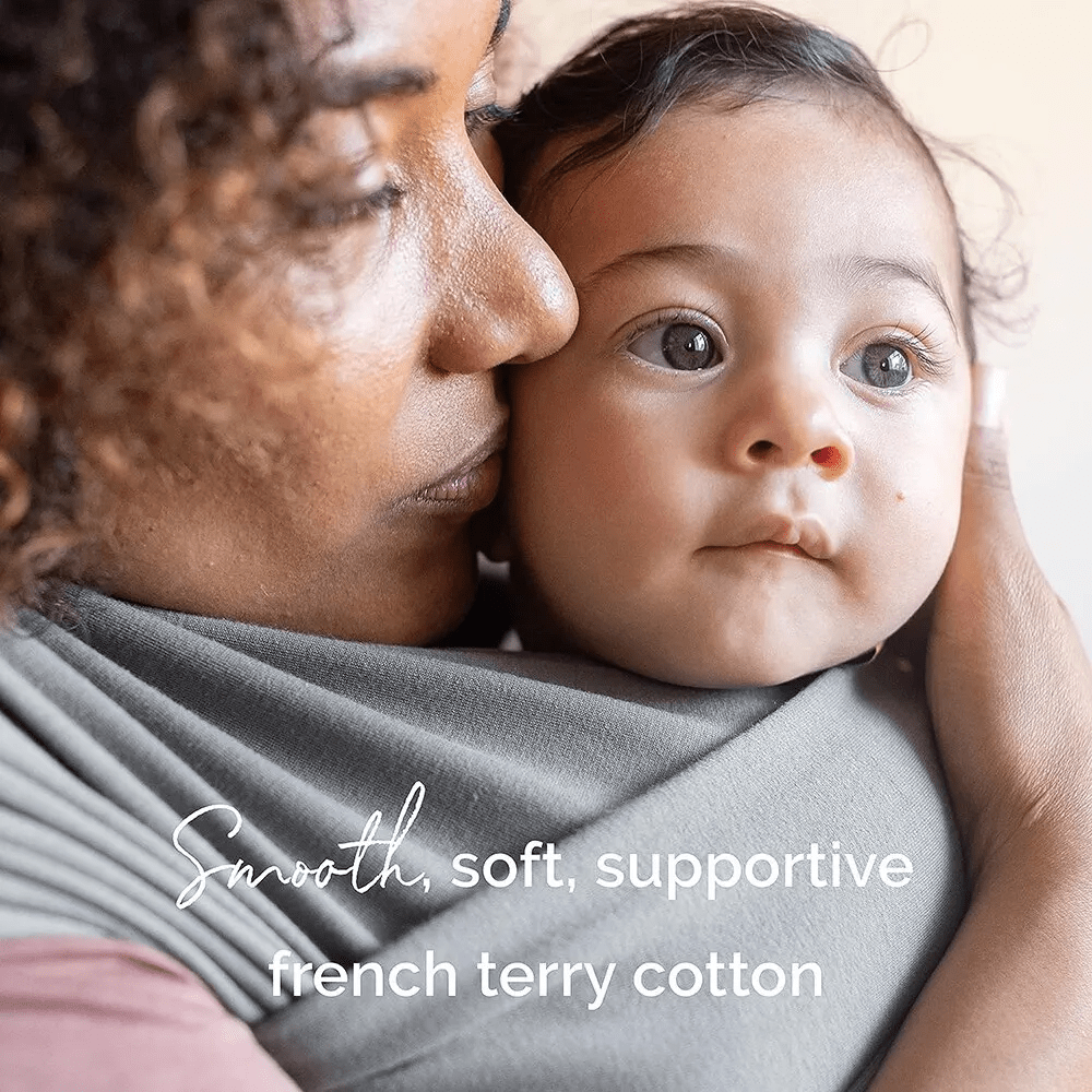 "Unisex ergonomic baby wrap carrier, grey, enveloping baby and parent comfortably for hands-free convenience."