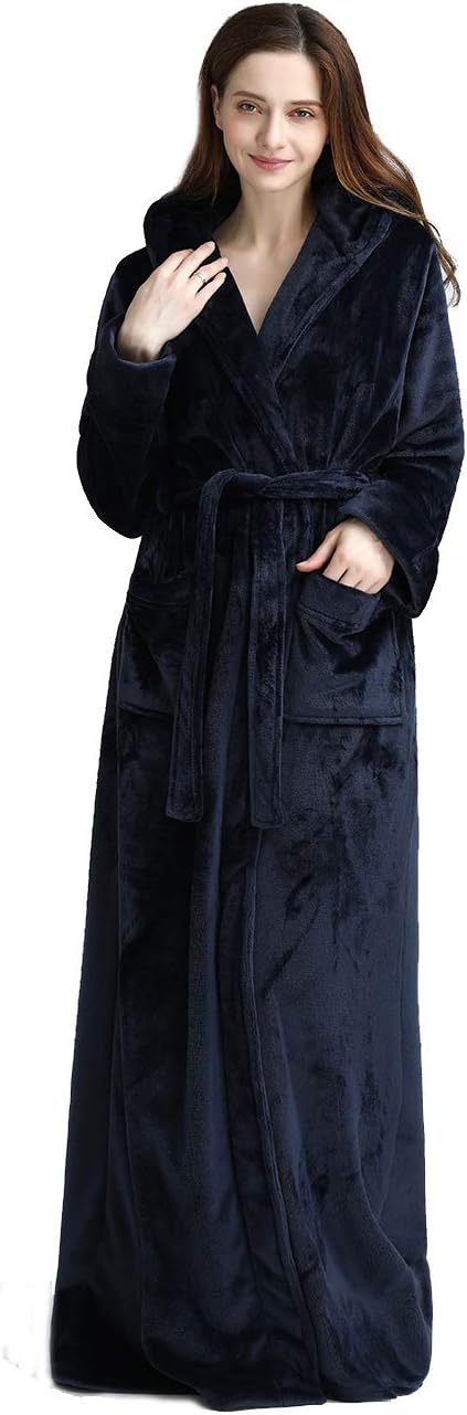 Unisex fluffy fleece bathrobe with hood in blue, cozy and soft, perfect for lounging, displaying warm comfort and luxurious s