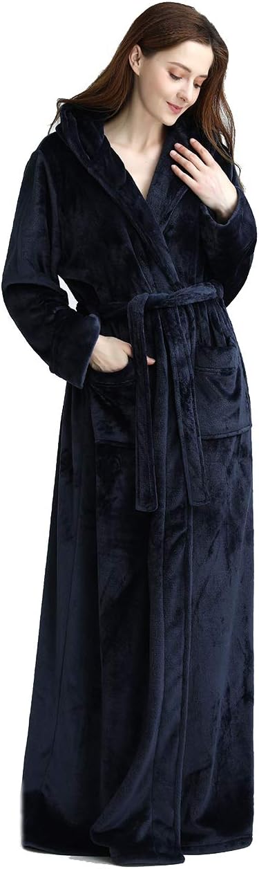 Unisex fluffy fleece bathrobe with hood in blue, cozy and soft, perfect for lounging, displaying warm comfort and luxurious s