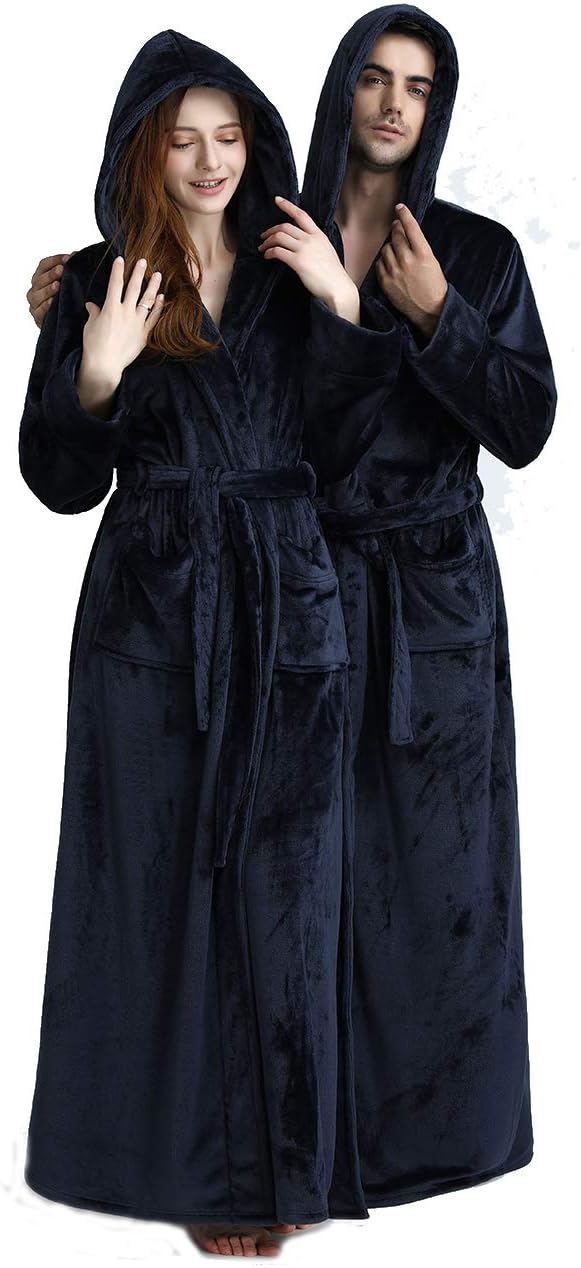 Unisex fluffy fleece bathrobe with hood in blue, cozy and soft, perfect for lounging, displaying warm comfort and luxurious s