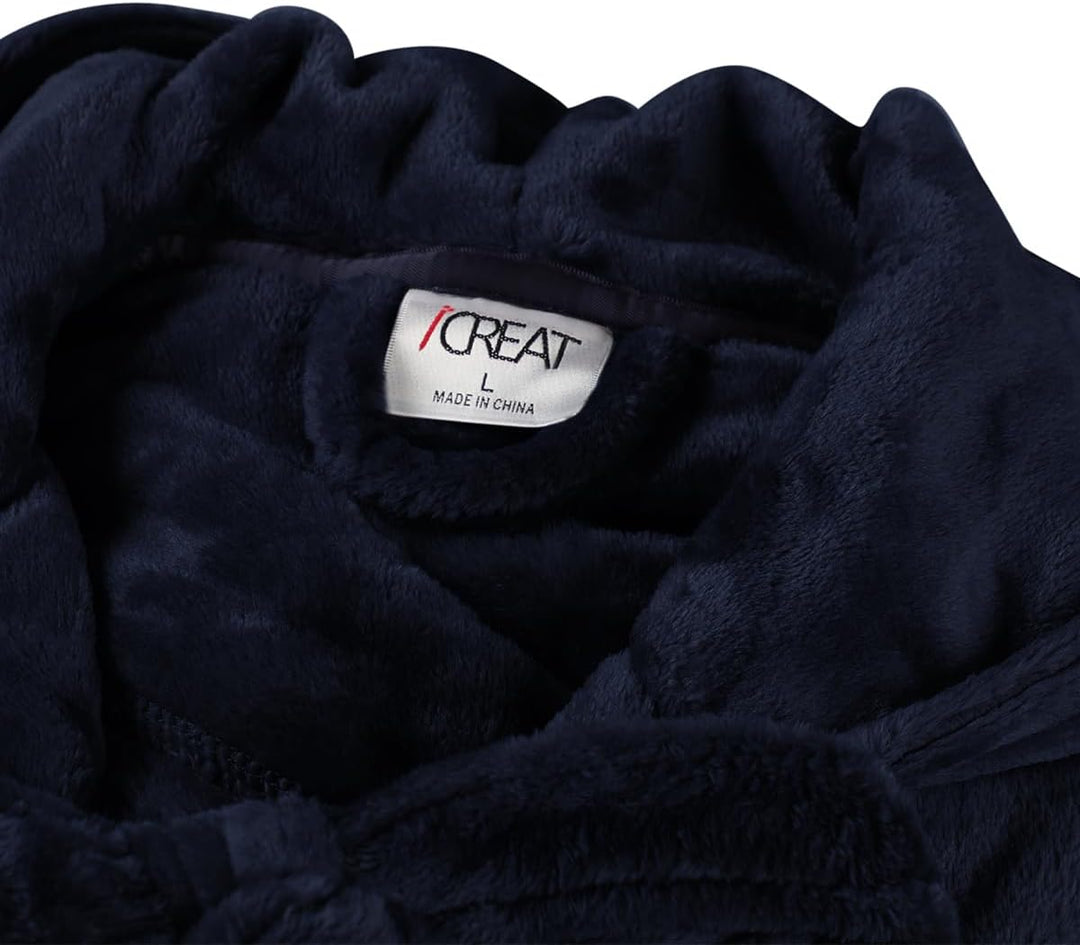 Unisex fluffy fleece bathrobe with hood in blue, cozy and soft, perfect for lounging, displaying warm comfort and luxurious s