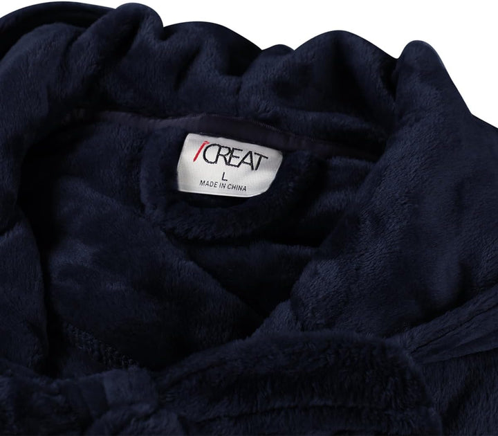 Unisex fluffy fleece bathrobe with hood in blue, cozy and soft, perfect for lounging, displaying warm comfort and luxurious s
